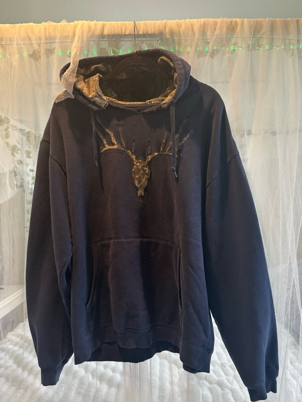 Cabelas navy blue with camo hood XL hoodie